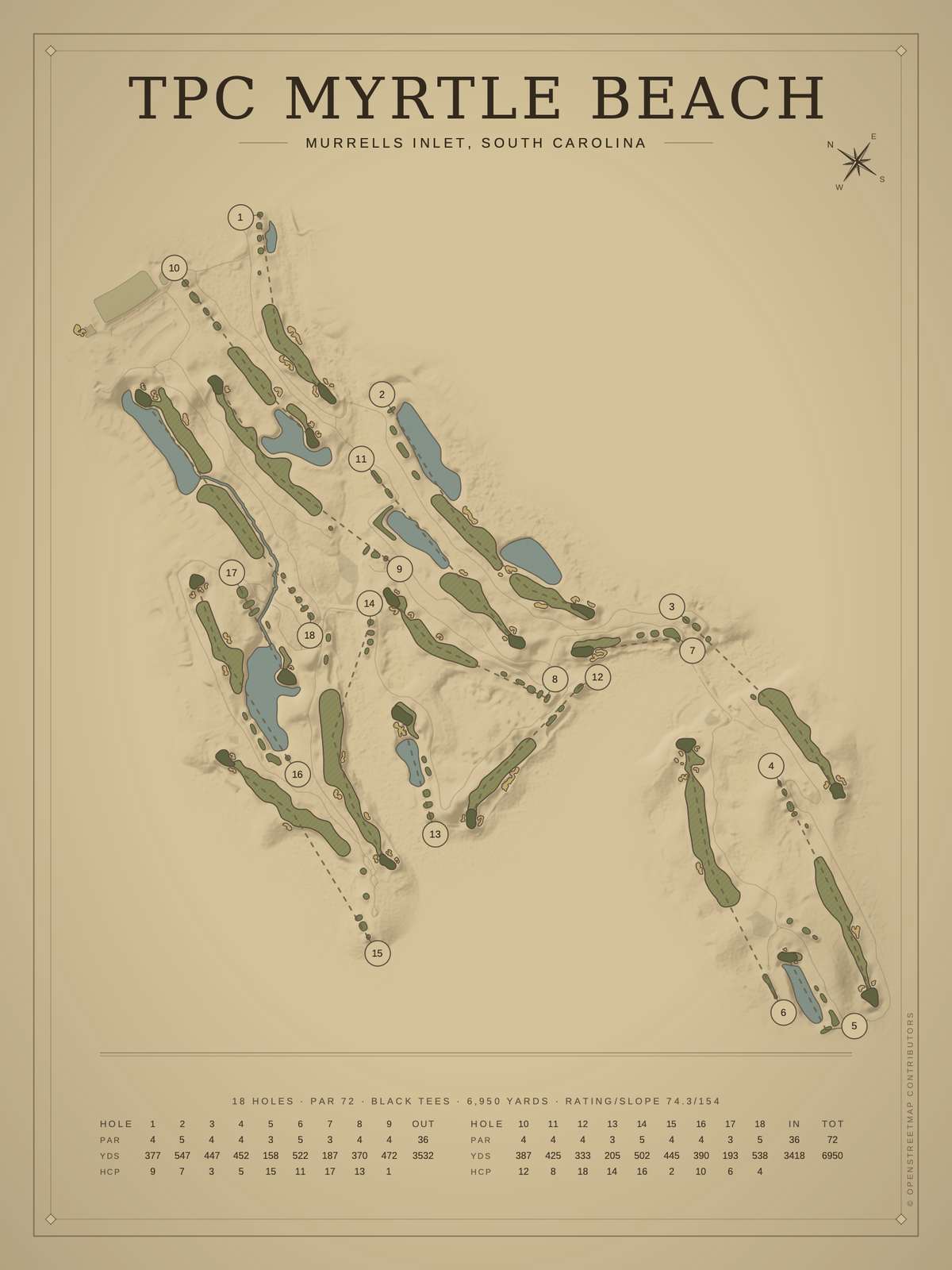 TPC Myrtle Beach course map poster, Vintage style, 12×16 / 18×24