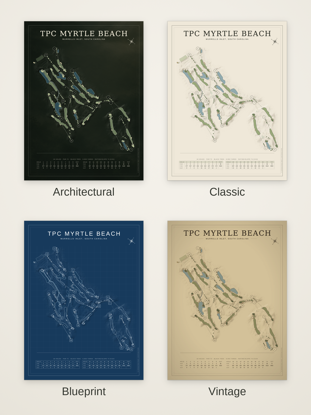 TPC Myrtle Beach course map poster in four styles: Architectural, Classic, Blueprint and Vintage