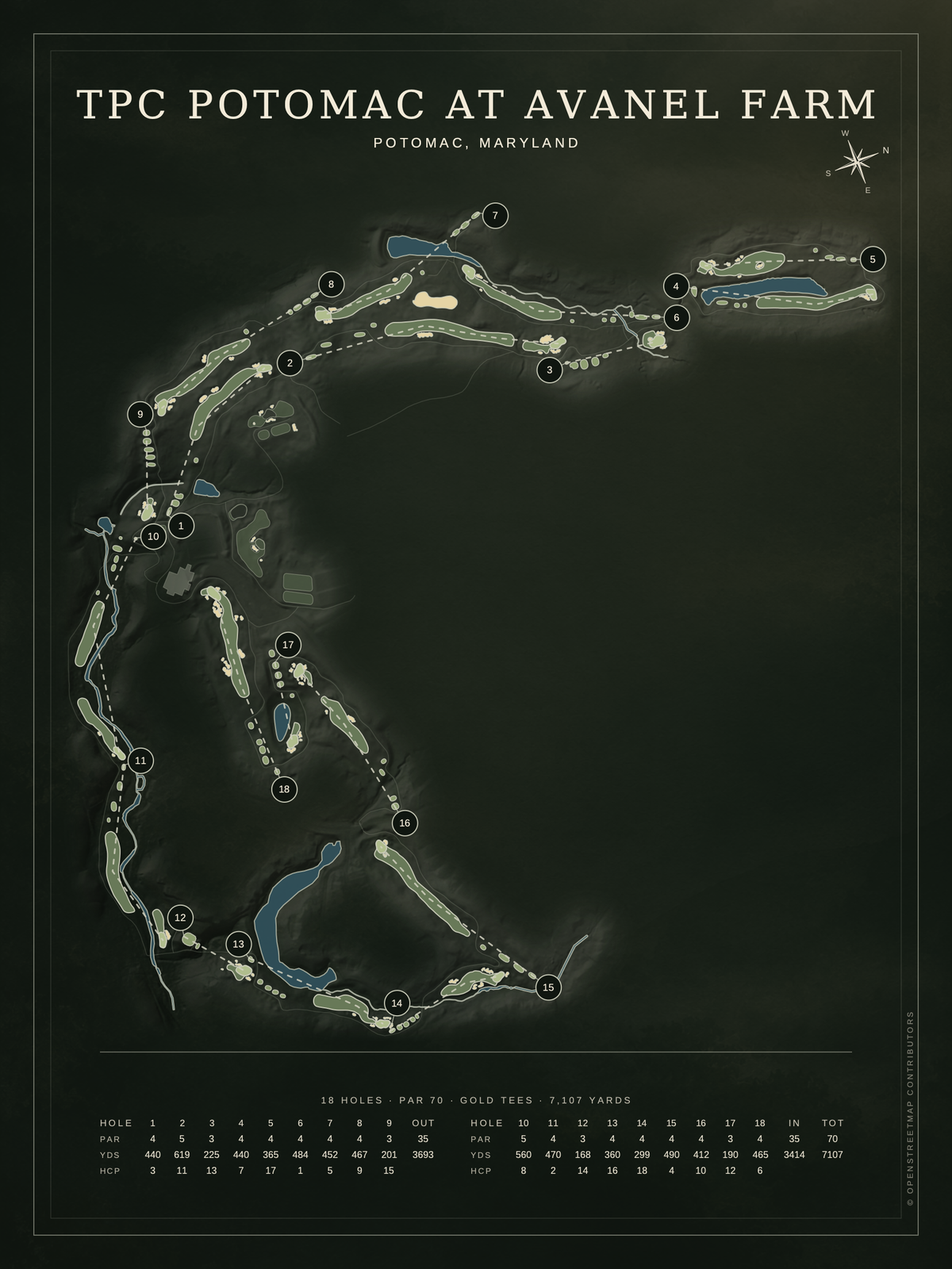 TPC Potomac at Avanel Farm course map poster, Architectural style, 12×16 / 18×24