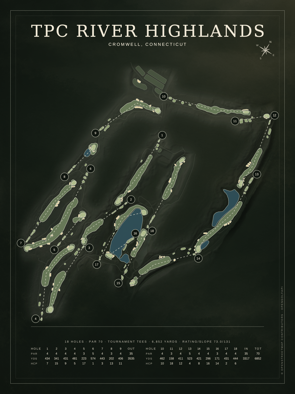 TPC River Highlands course map poster, Architectural style, 12×16 / 18×24