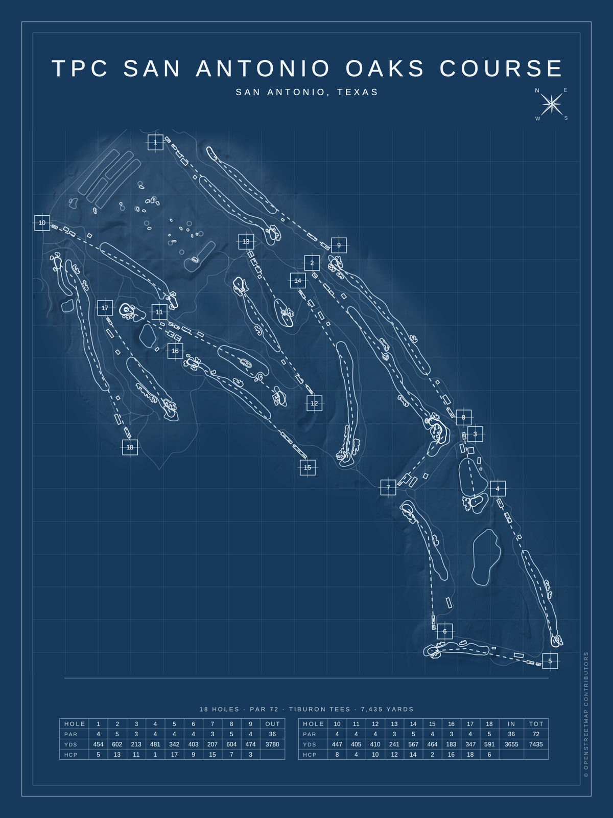 TPC San Antonio Oaks Course map poster, Blueprint style, 12×16 / 18×24
