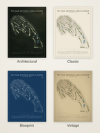 TPC San Antonio Oaks Course map poster in four styles: Architectural, Classic, Blueprint and Vintage
