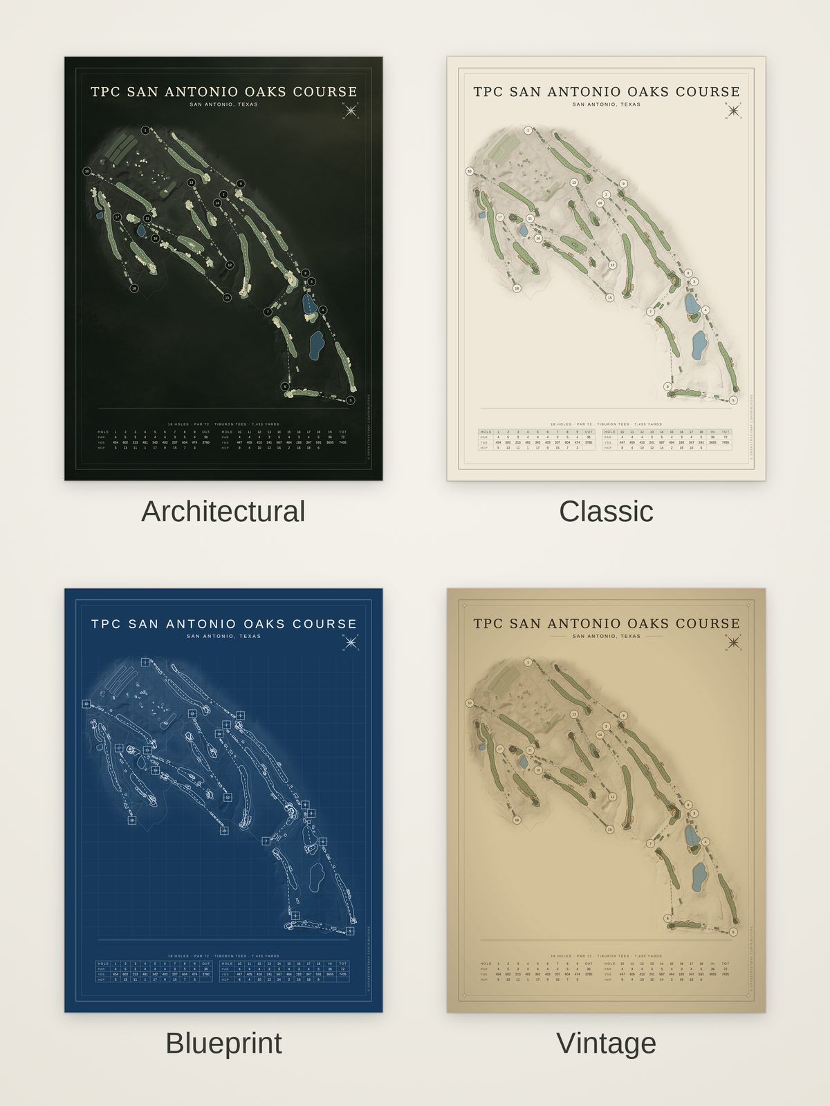 TPC San Antonio Oaks Course map poster in four styles: Architectural, Classic, Blueprint and Vintage