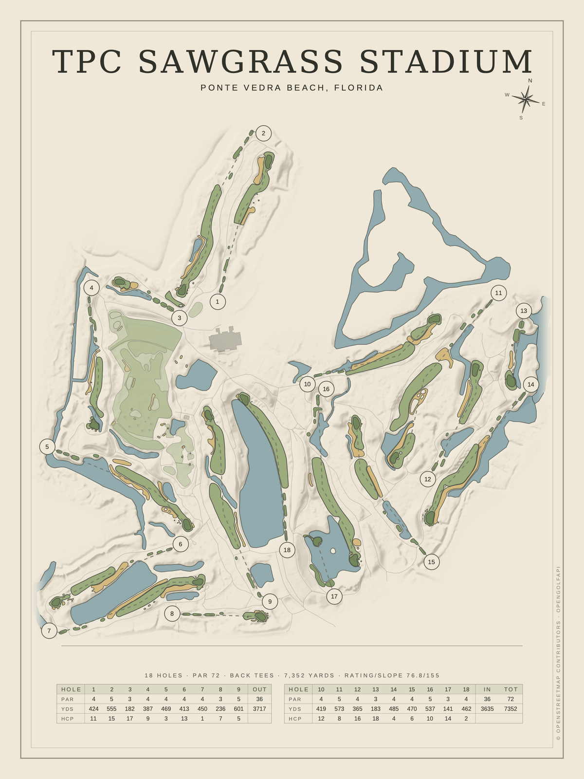 TPC Sawgrass Stadium course map poster, Classic style, 12×16 / 18×24