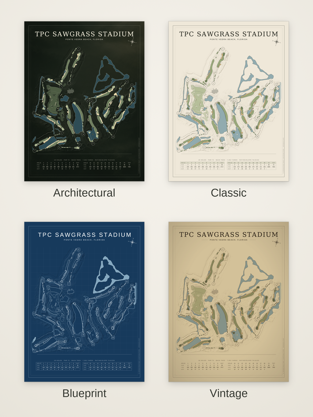 TPC Sawgrass Stadium course map poster in four styles: Architectural, Classic, Blueprint and Vintage