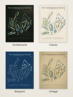 TPC Sawgrass Stadium course map poster in four styles: Architectural, Classic, Blueprint and Vintage