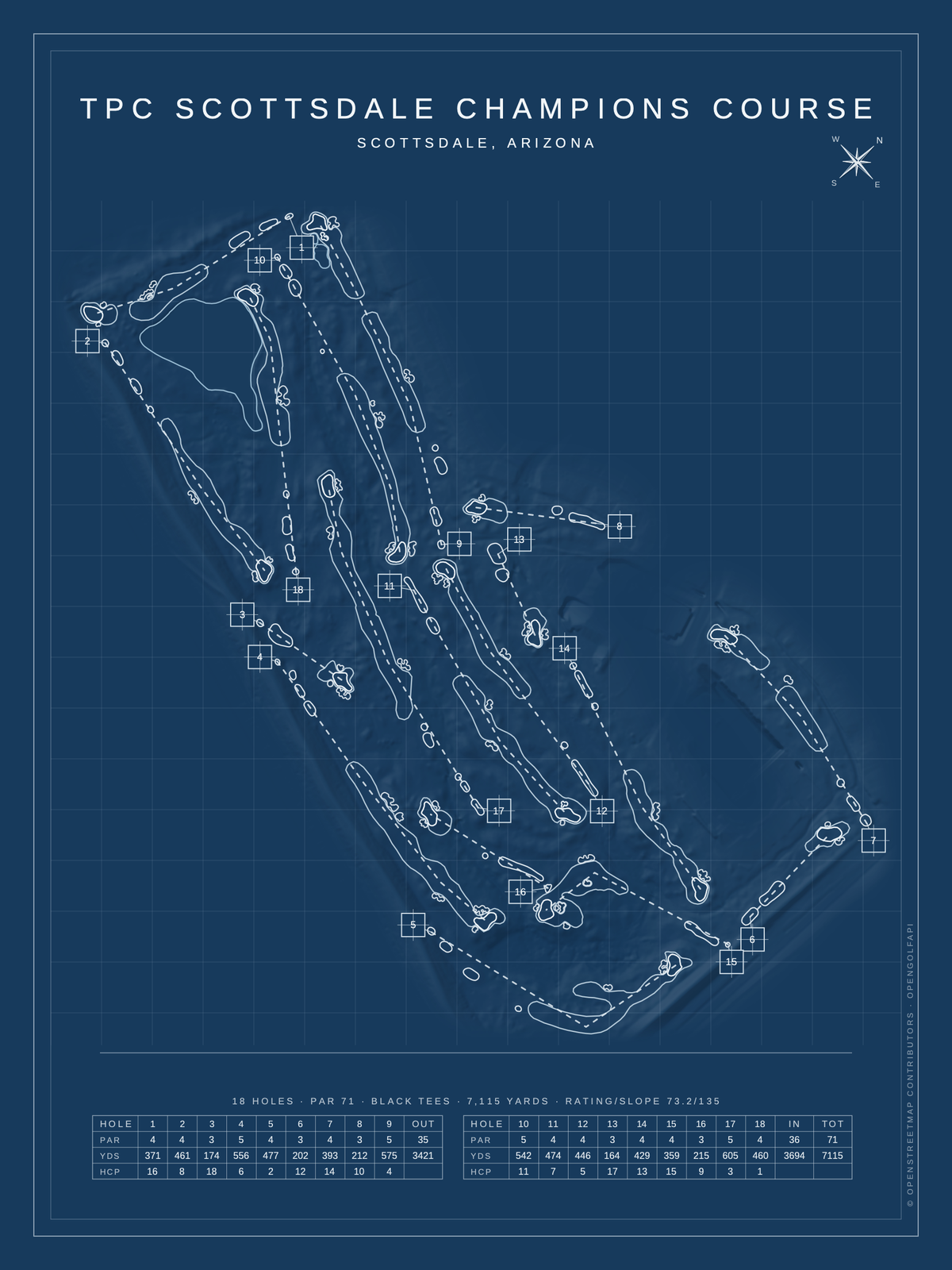 TPC Scottsdale Champions Course map poster, Blueprint style, 12×16 / 18×24