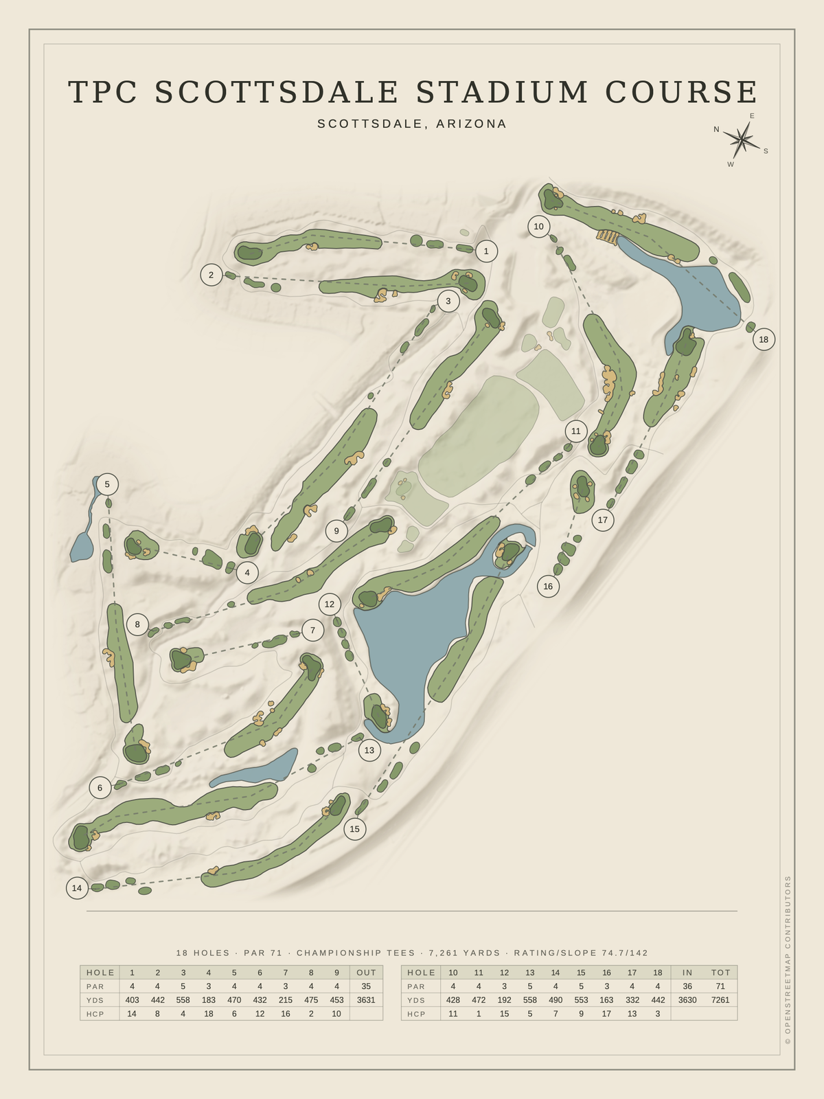 TPC Scottsdale Stadium Course map poster, Classic style, 12×16 / 18×24