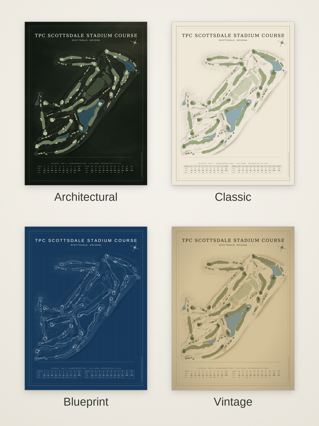 TPC Scottsdale Stadium Course map poster in four styles: Architectural, Classic, Blueprint and Vintage