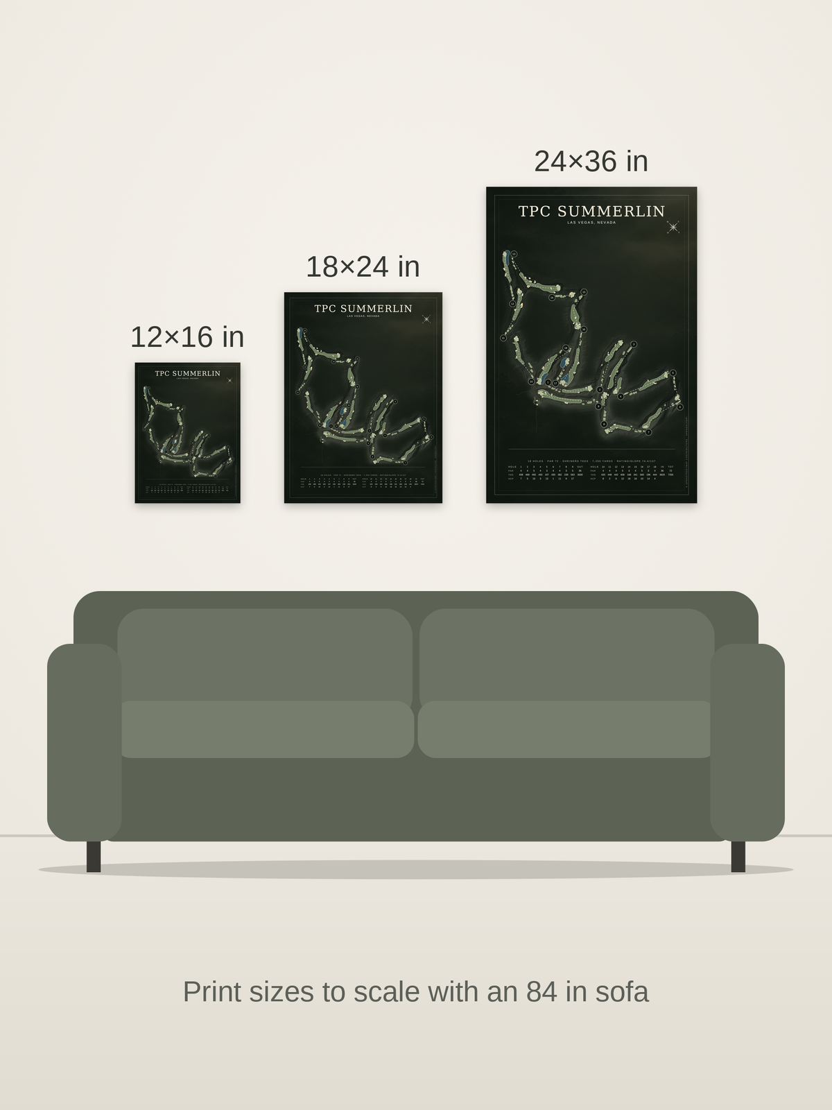 TPC Summerlin course map poster in the Architectural style at 12×16, 18×24 and 24×36 inches, shown to scale on a wall above an 84-inch sofa