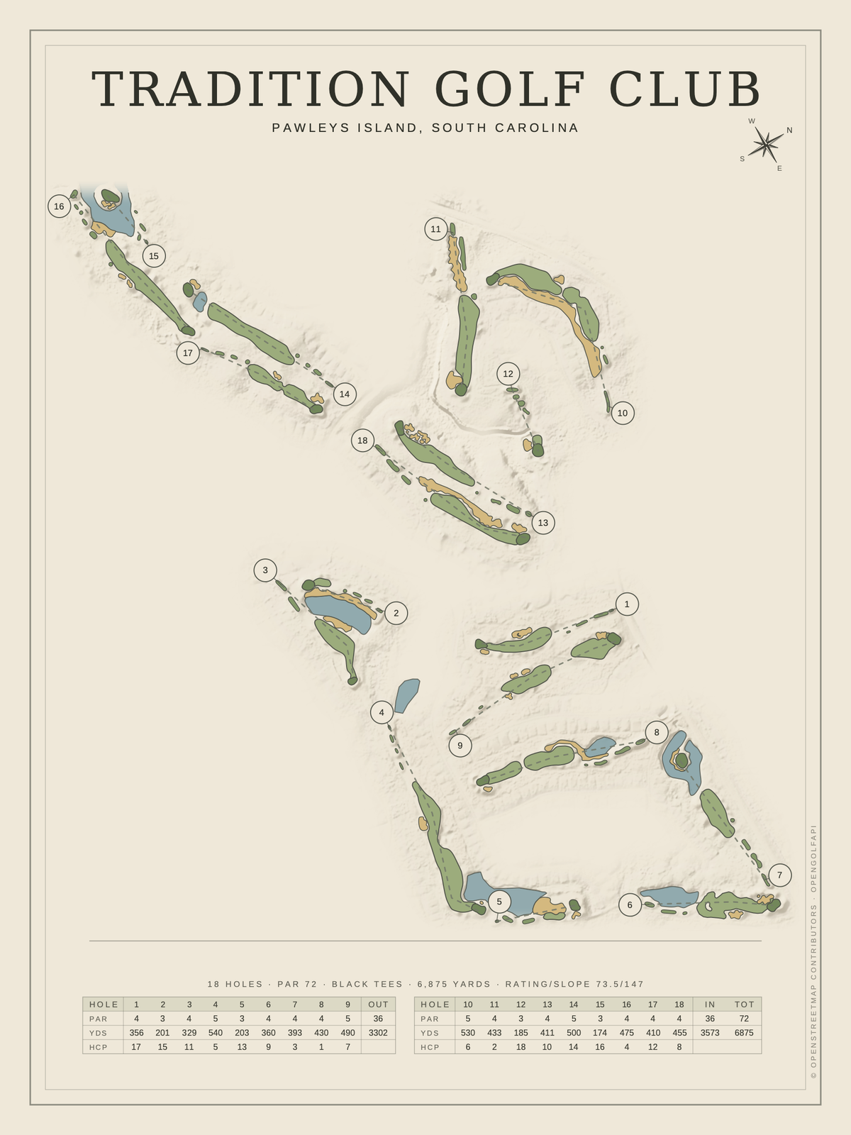 Tradition Golf Club course map poster, Classic style, 12×16 / 18×24