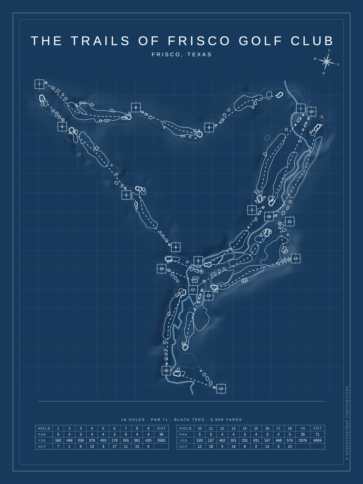 The Trails of Frisco Golf Club course map poster, Blueprint style, 12×16 / 18×24