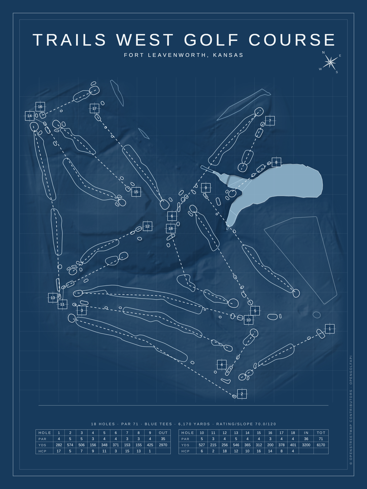 Trails West Golf Course map poster, Blueprint style, 12×16 / 18×24