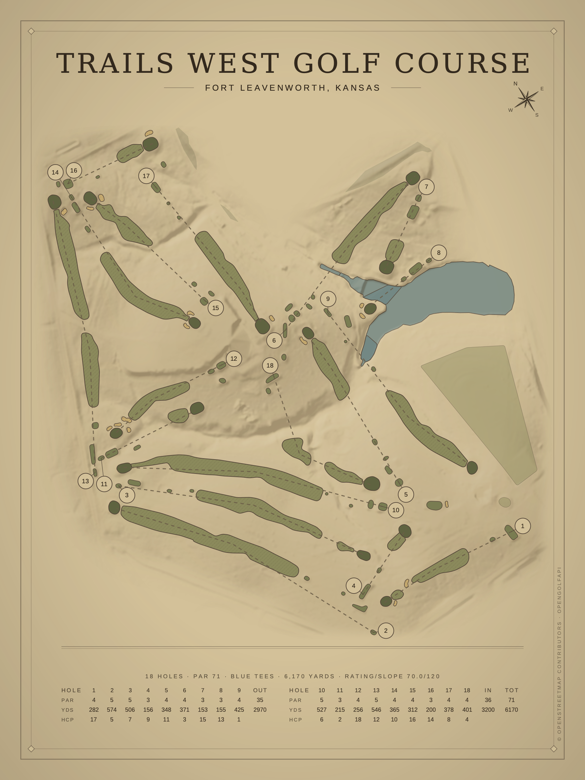 Trails West Golf Course map poster, Vintage style, 12×16 / 18×24