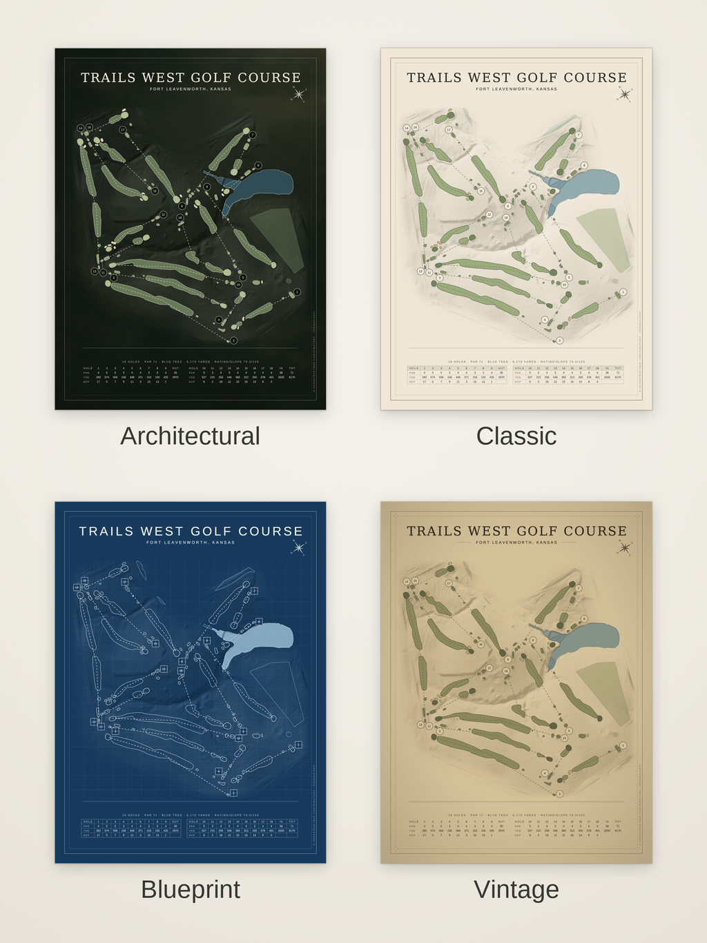 Trails West Golf Course map poster in four styles: Architectural, Classic, Blueprint and Vintage