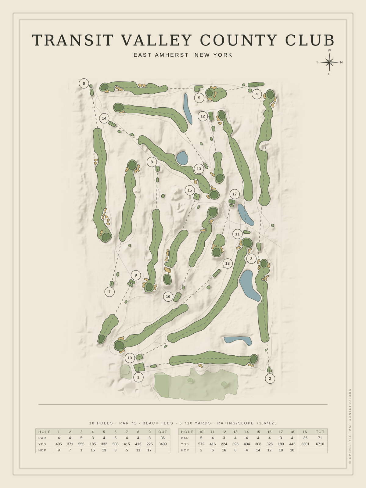 Transit Valley County Club course map poster, Classic style, 12×16 / 18×24