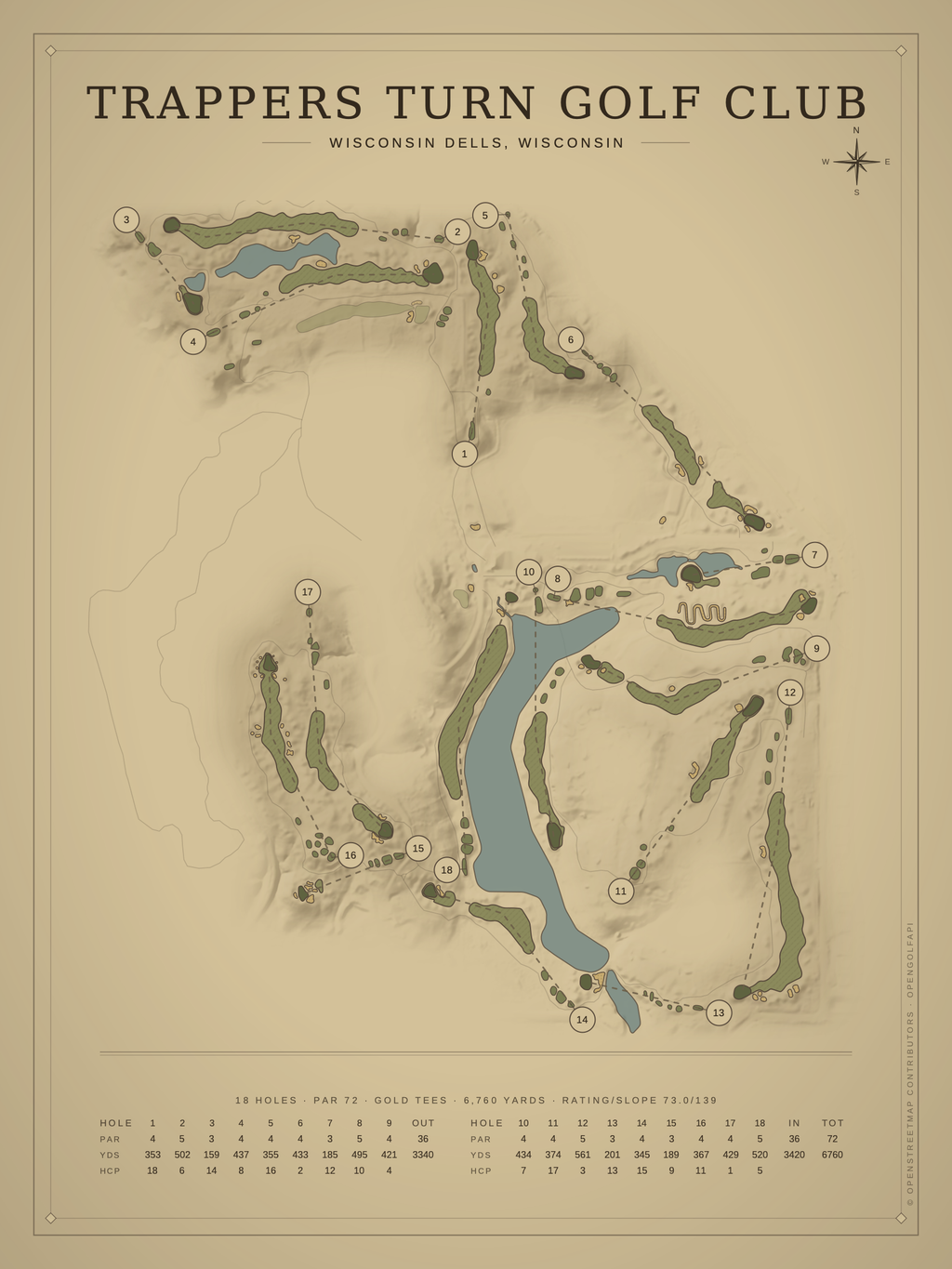 Trappers Turn Golf Club course map poster, Vintage style, 12×16 / 18×24