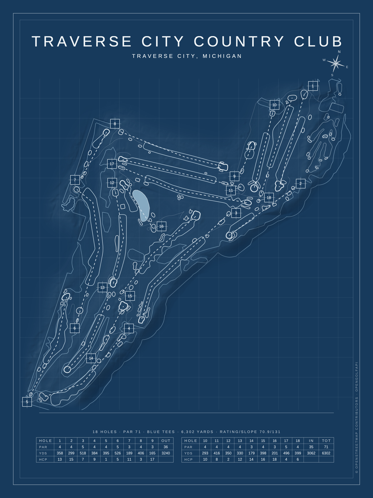 Traverse City Country Club course map poster, Blueprint style, 12×16 / 18×24