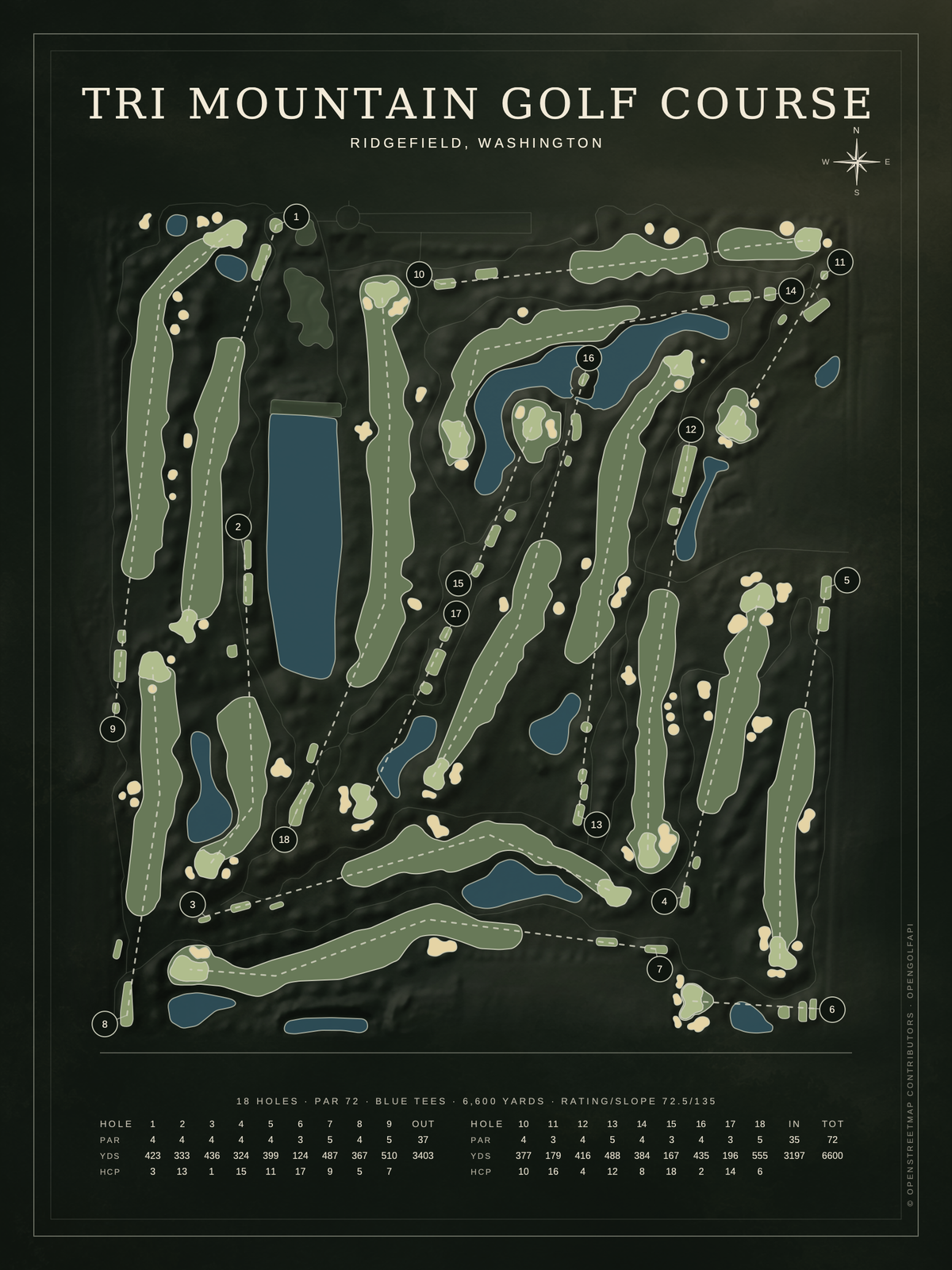 Tri Mountain Golf Course map poster, Architectural style, 12×16 / 18×24