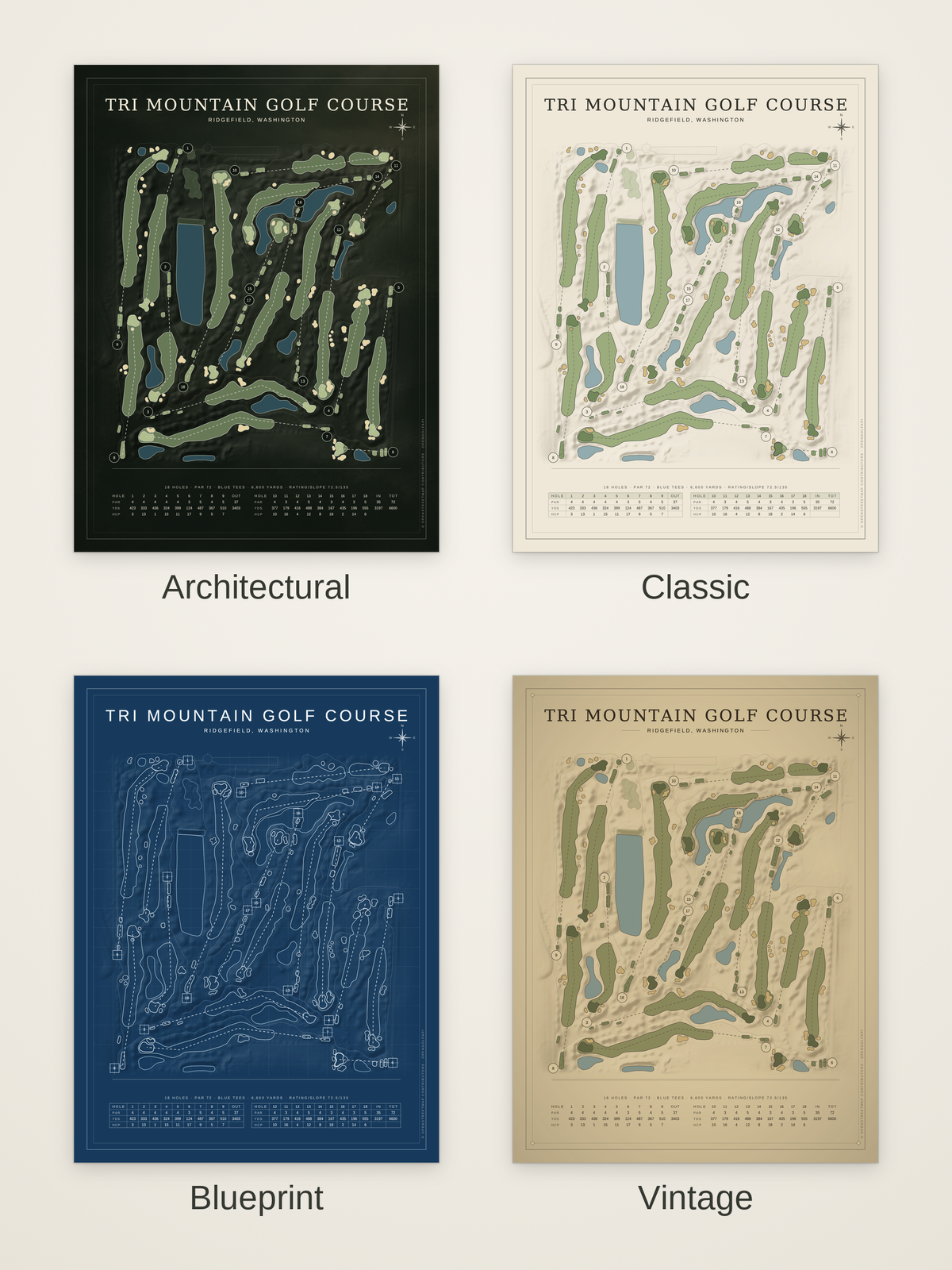 Tri Mountain Golf Course map poster in four styles: Architectural, Classic, Blueprint and Vintage