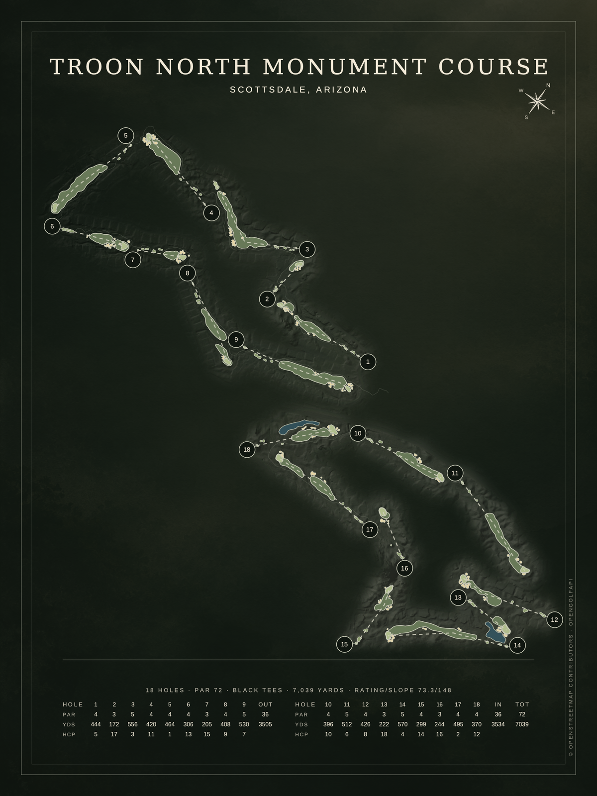 Troon North Monument Course map poster, Architectural style, 12×16 / 18×24