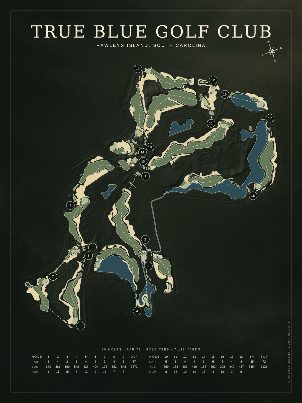 True Blue Golf Club course map poster, Architectural style, 12×16 / 18×24