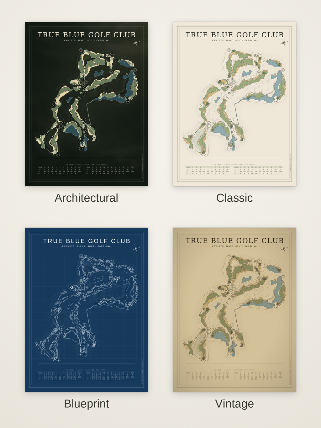 True Blue Golf Club course map poster in four styles: Architectural, Classic, Blueprint and Vintage