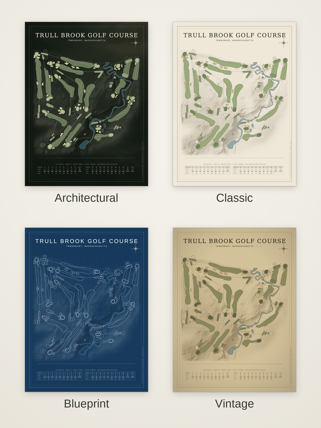 Trull Brook Golf Course map poster in four styles: Architectural, Classic, Blueprint and Vintage