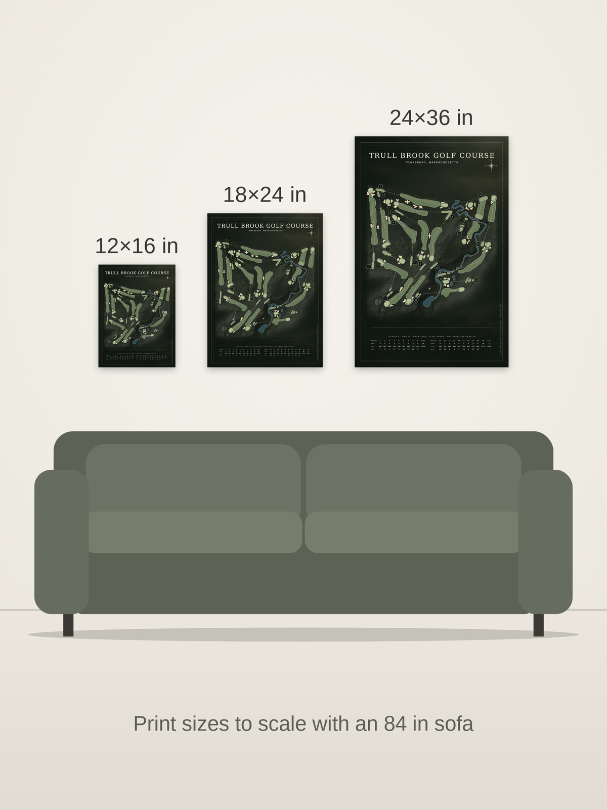Trull Brook Golf Course map poster in the Architectural style at 12×16, 18×24 and 24×36 inches, shown to scale on a wall above an 84-inch sofa