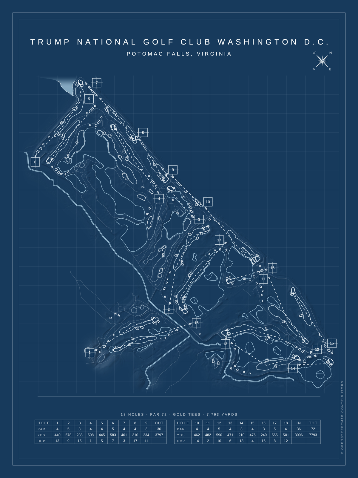 Trump National Golf Club Washington D.C. course map poster, Blueprint style, 12×16 / 18×24