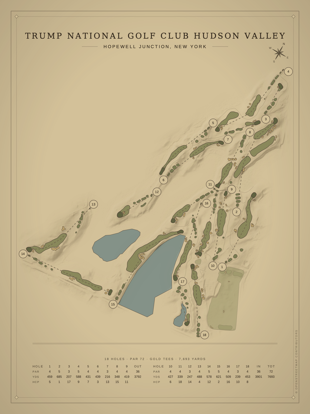 Trump National Golf Club Hudson Valley course map poster, Vintage style, 12×16 / 18×24