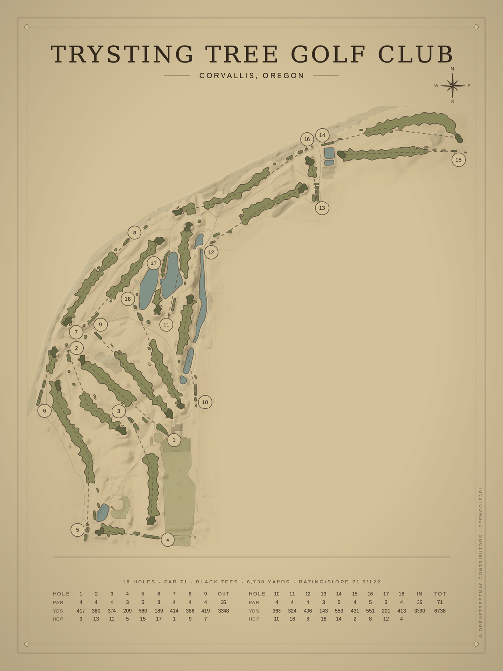 Trysting Tree Golf Club course map poster, Vintage style, 12×16 / 18×24