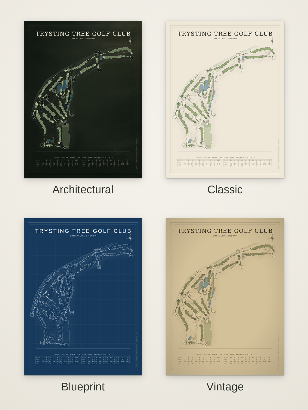 Trysting Tree Golf Club course map poster in four styles: Architectural, Classic, Blueprint and Vintage