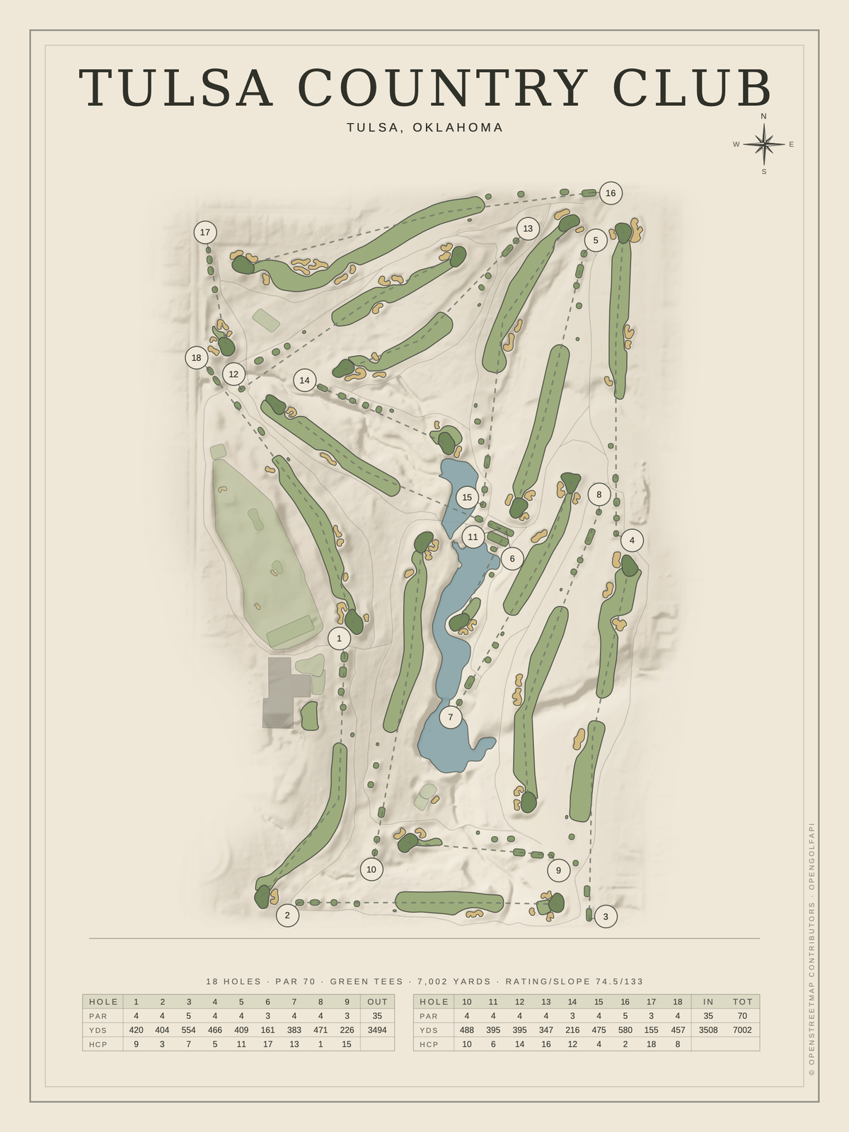 Tulsa Country Club course map poster, Classic style, 12×16 / 18×24