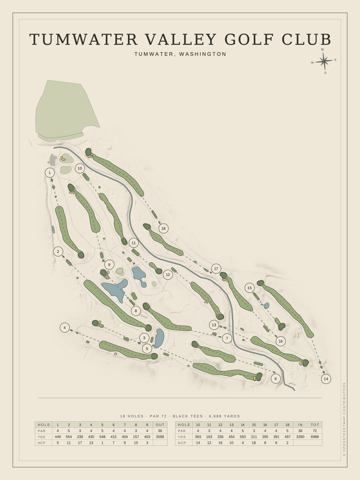 Tumwater Valley Golf Club course map poster, Classic style, 12×16 / 18×24