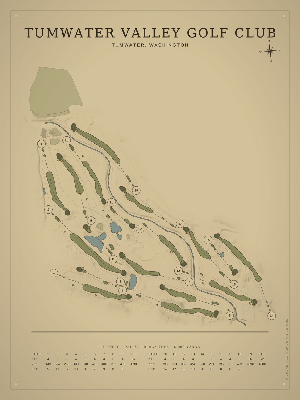 Tumwater Valley Golf Club course map poster, Vintage style, 12×16 / 18×24