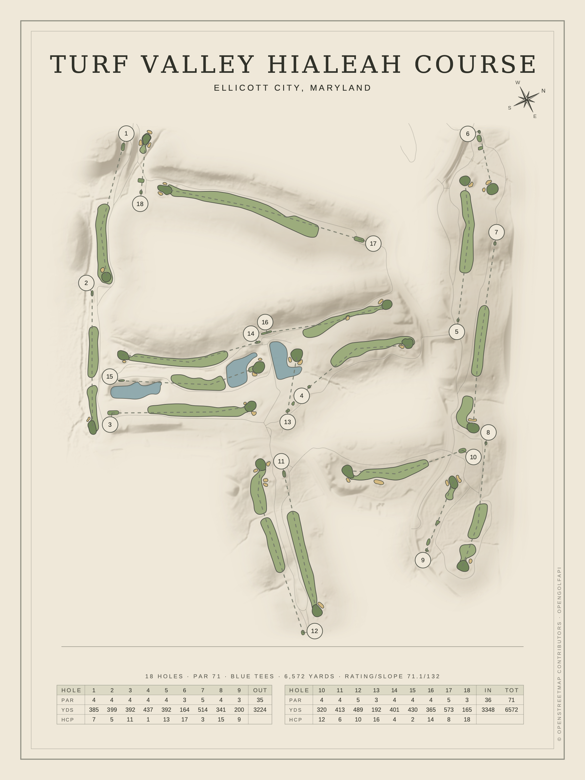 Turf Valley Hialeah Course map poster, Classic style, 12×16 / 18×24