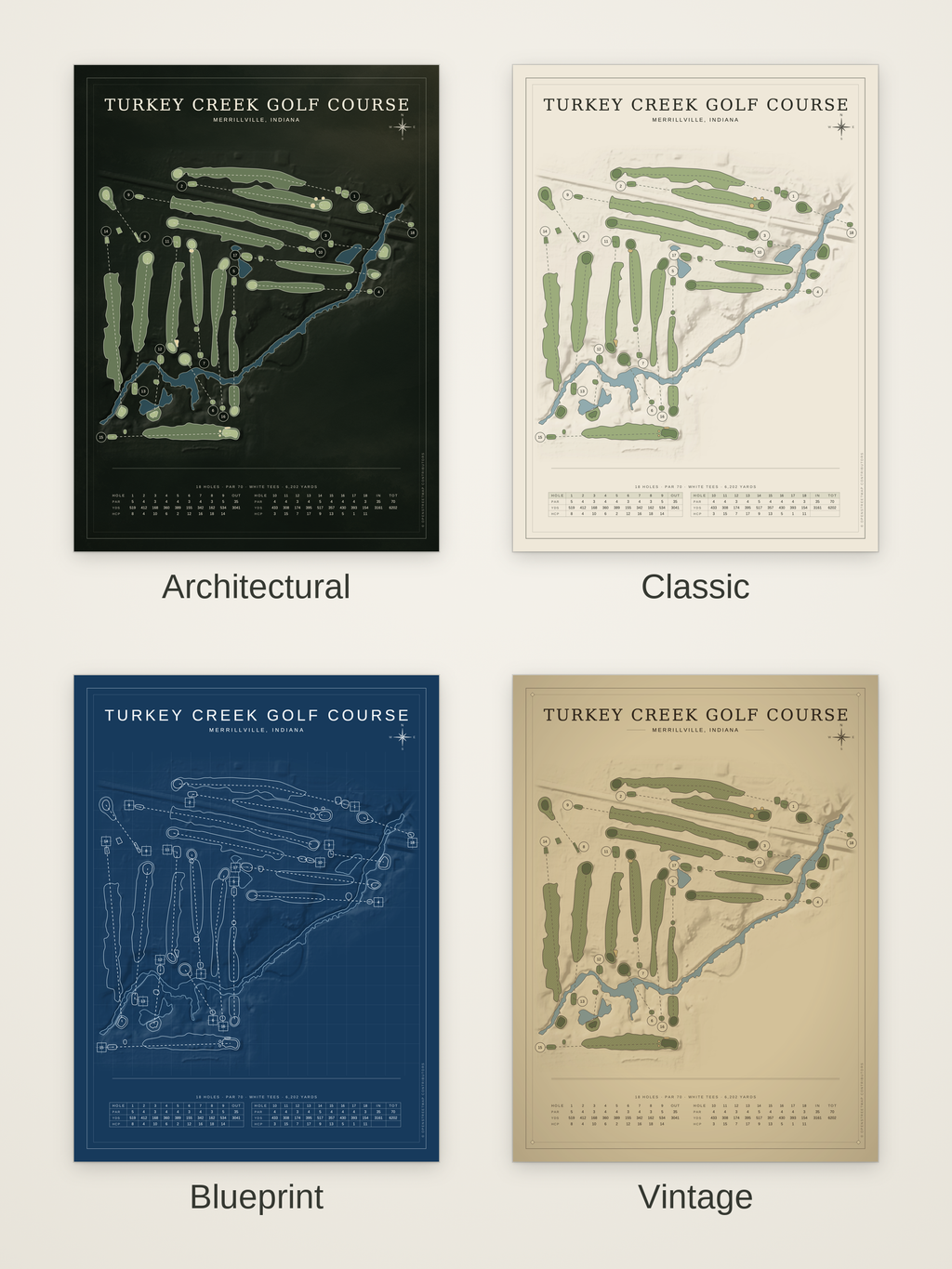 Turkey Creek Golf Course map poster in four styles: Architectural, Classic, Blueprint and Vintage