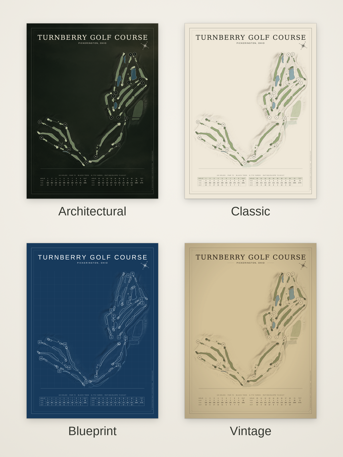 Turnberry Golf Course map poster in four styles: Architectural, Classic, Blueprint and Vintage