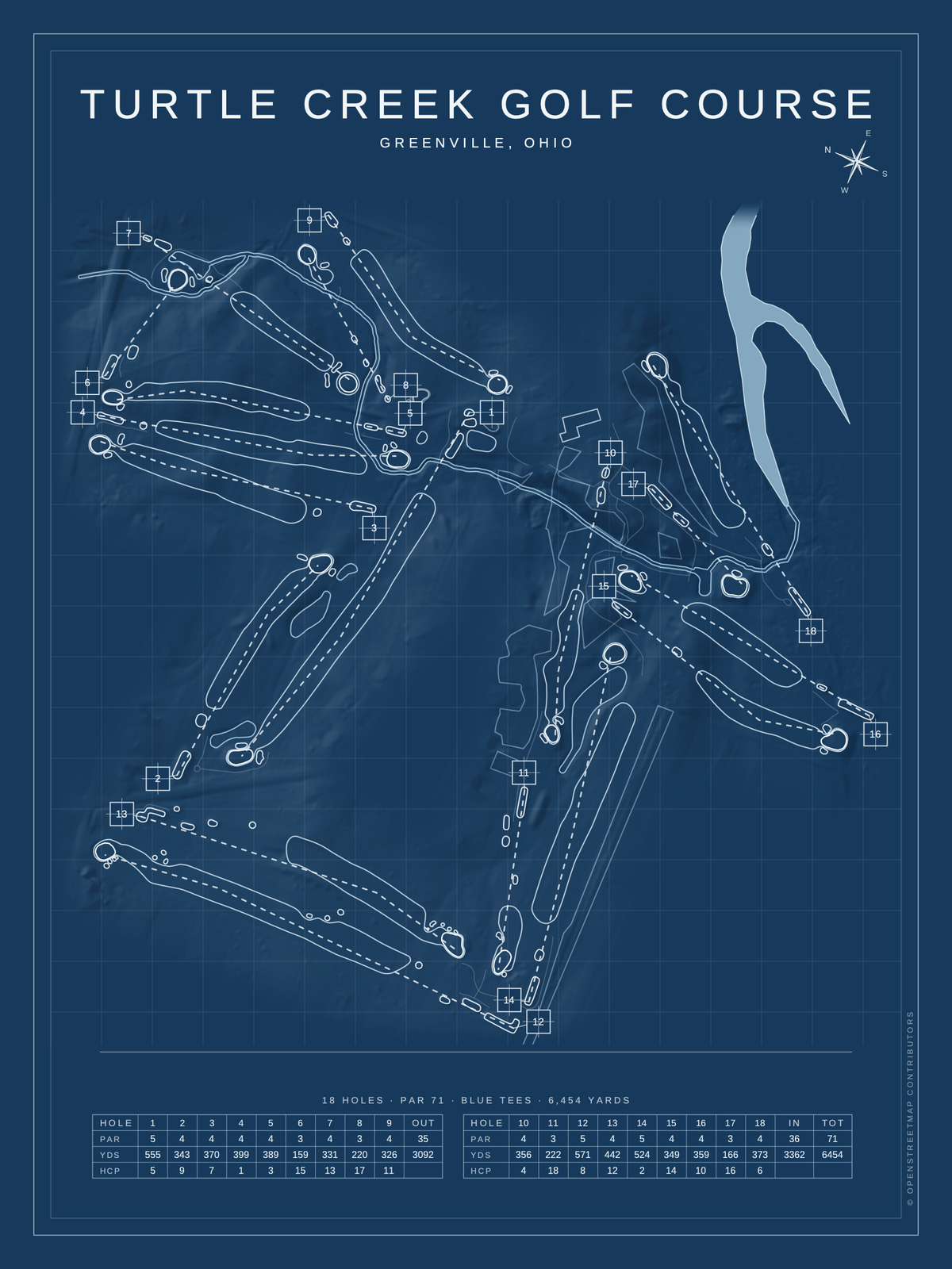 Turtle Creek Golf Course map poster, Blueprint style, 12×16 / 18×24