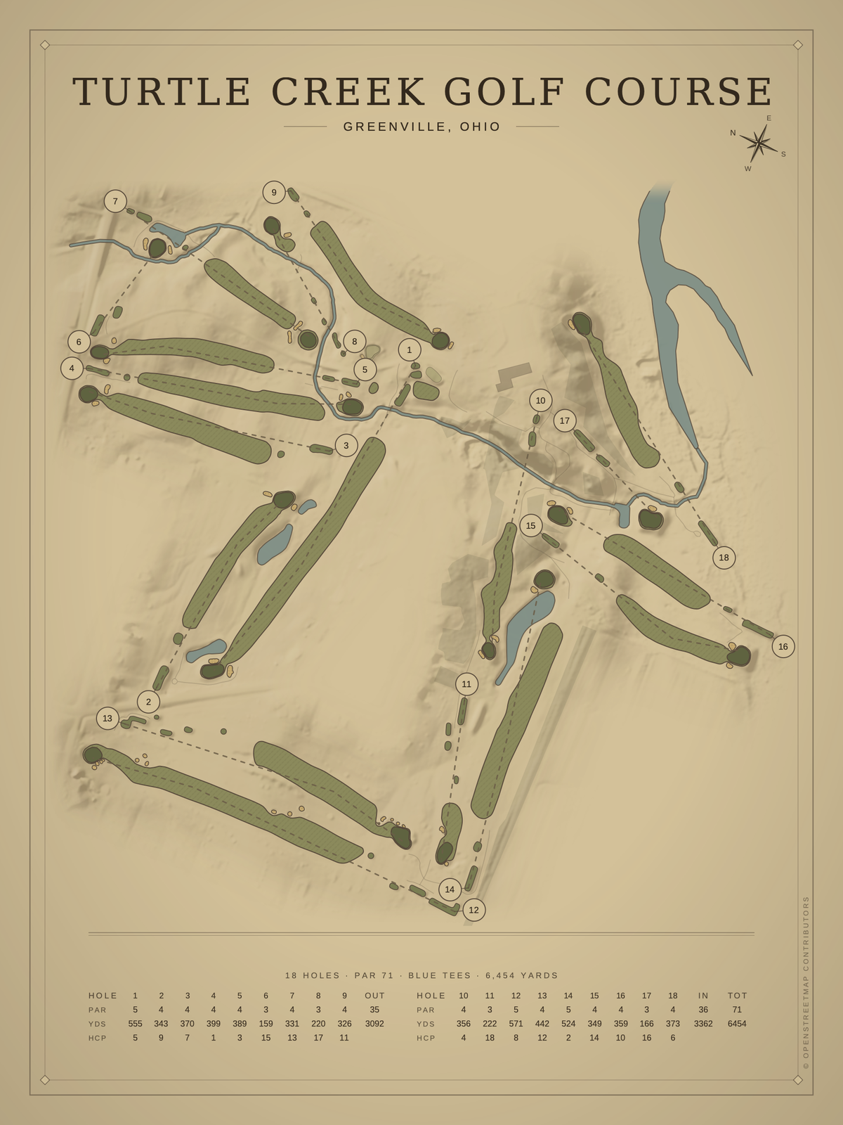 Turtle Creek Golf Course map poster, Vintage style, 12×16 / 18×24
