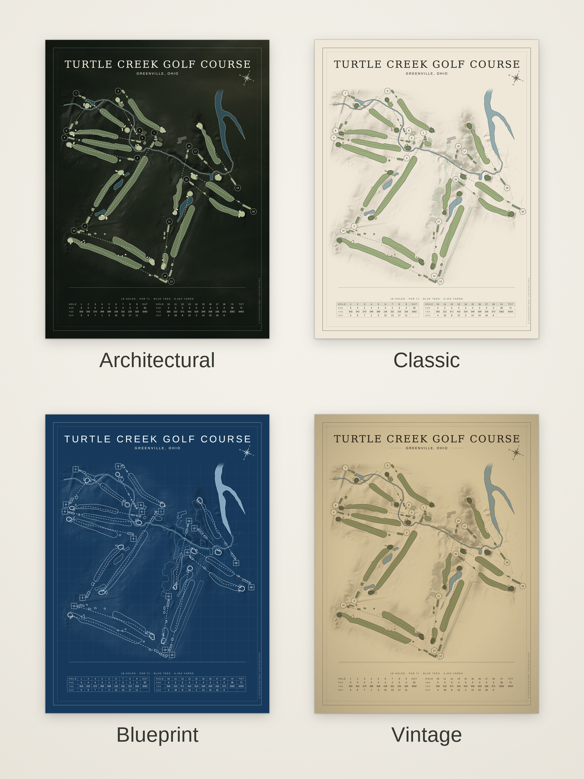 Turtle Creek Golf Course map poster in four styles: Architectural, Classic, Blueprint and Vintage
