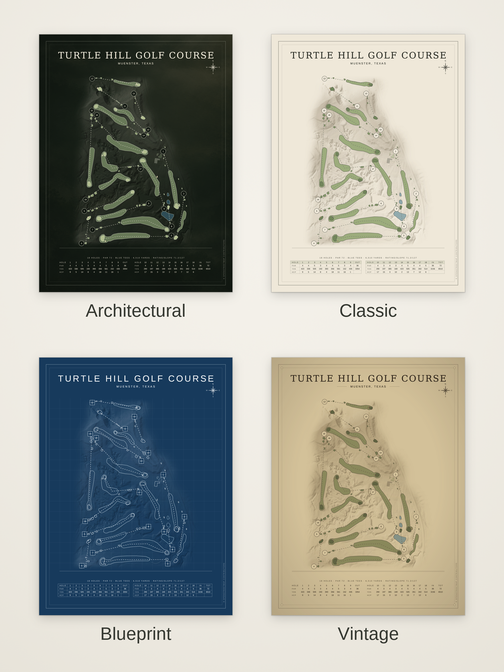 Turtle Hill Golf Course map poster in four styles: Architectural, Classic, Blueprint and Vintage