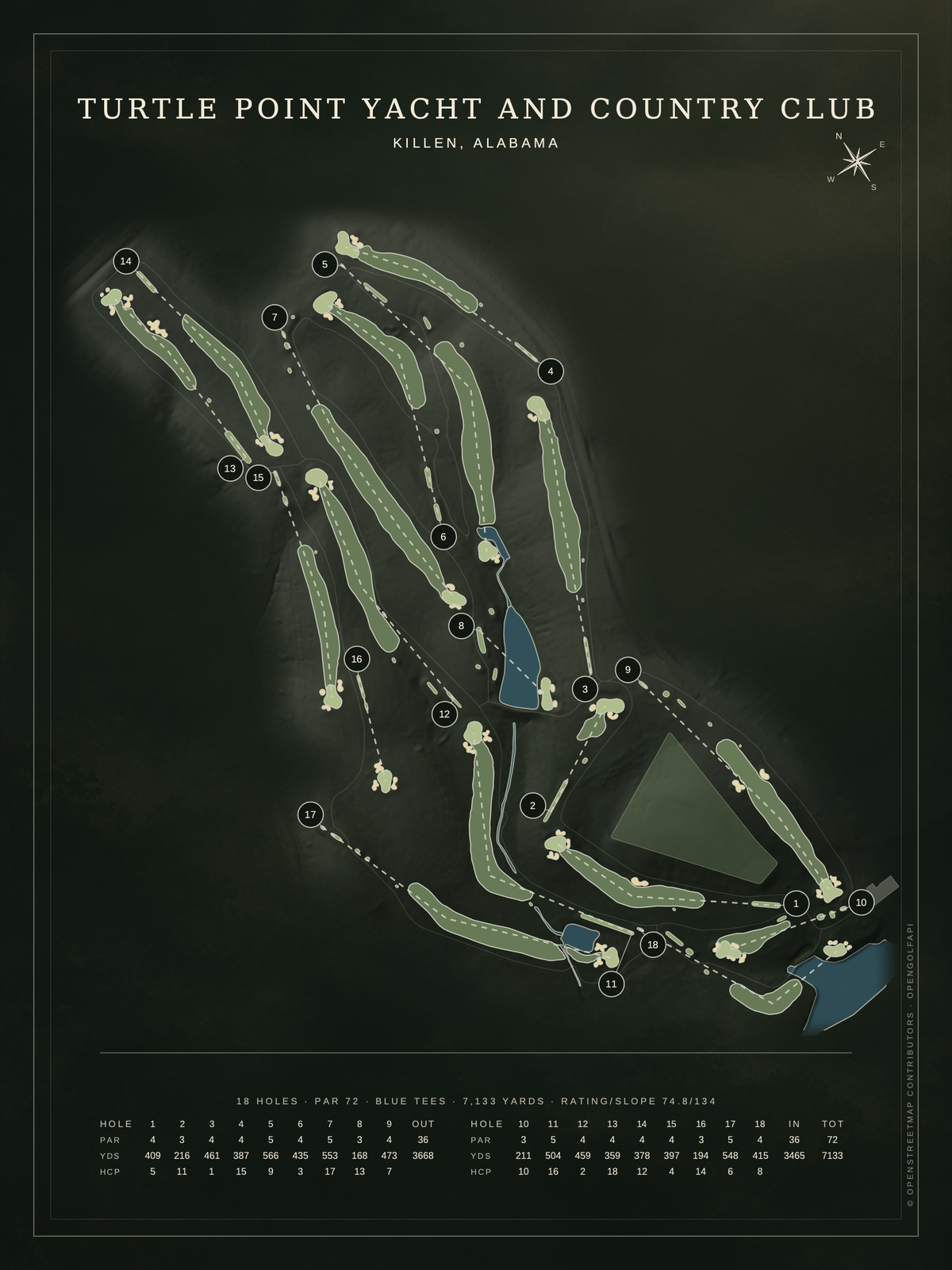 Turtle Point Yacht and Country Club course map poster, Architectural style, 12×16 / 18×24