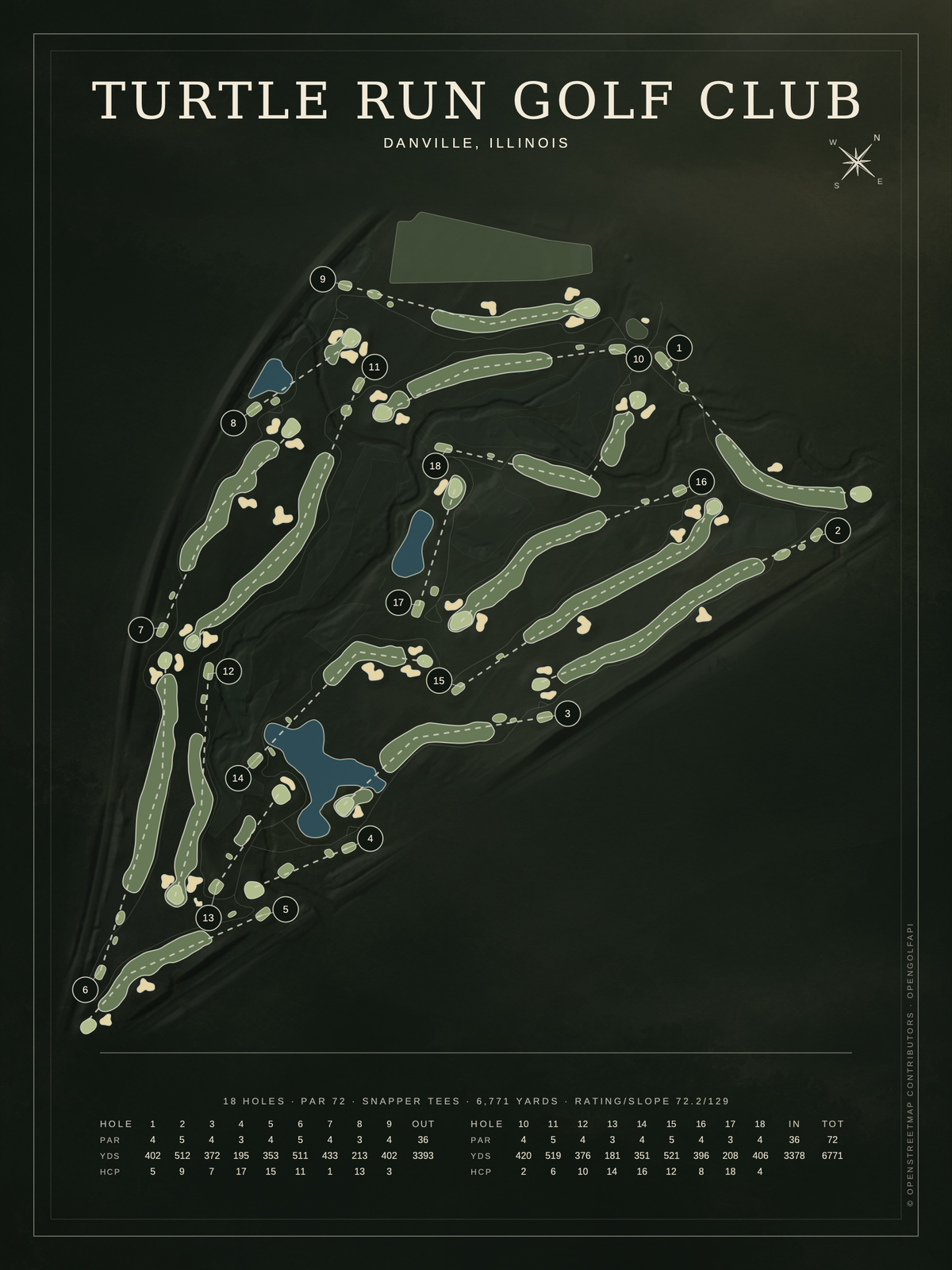 Turtle Run Golf Club course map poster, Architectural style, 12×16 / 18×24