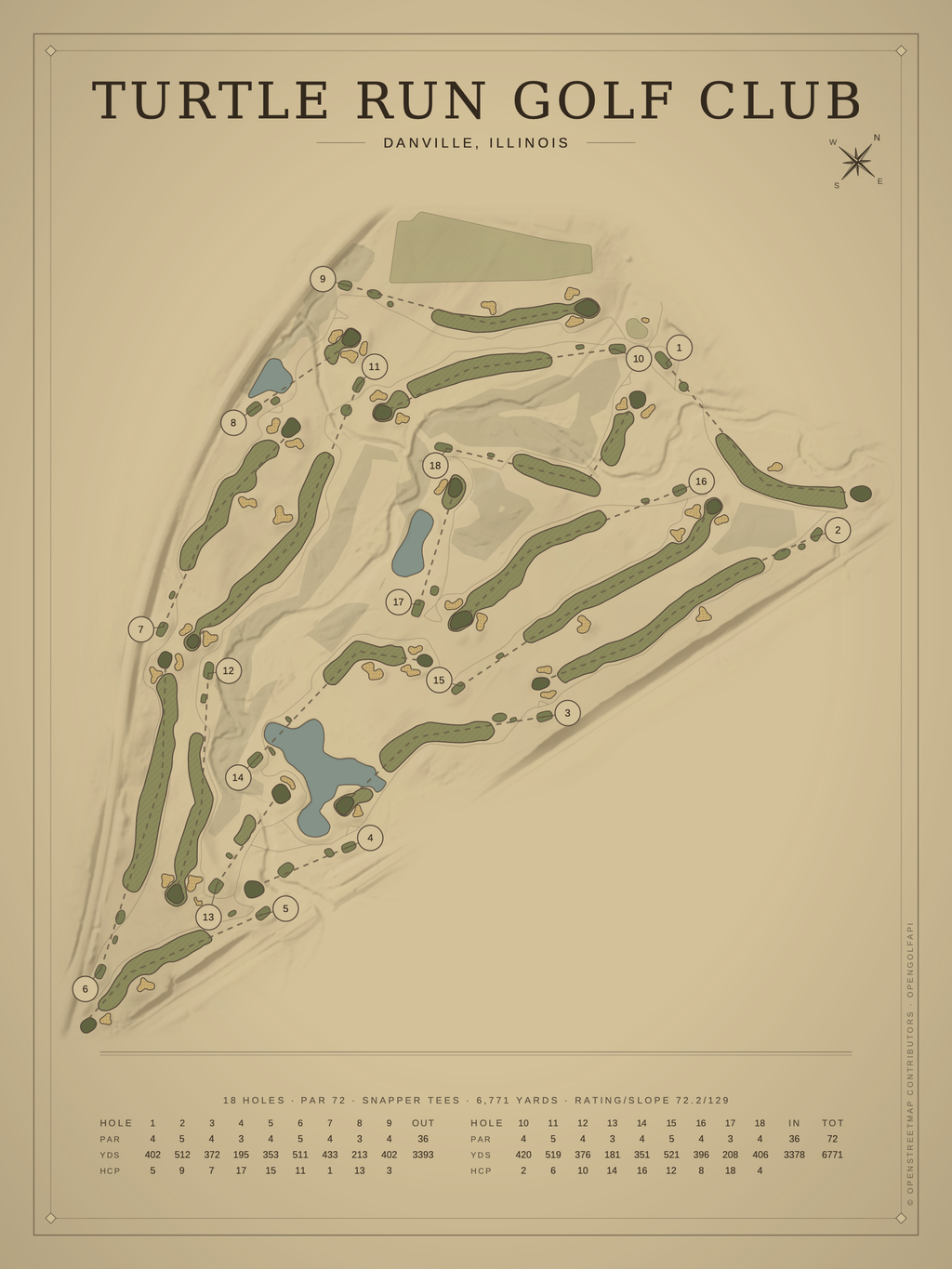 Turtle Run Golf Club course map poster, Vintage style, 12×16 / 18×24