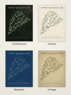 Turtle Run Golf Club course map poster in four styles: Architectural, Classic, Blueprint and Vintage