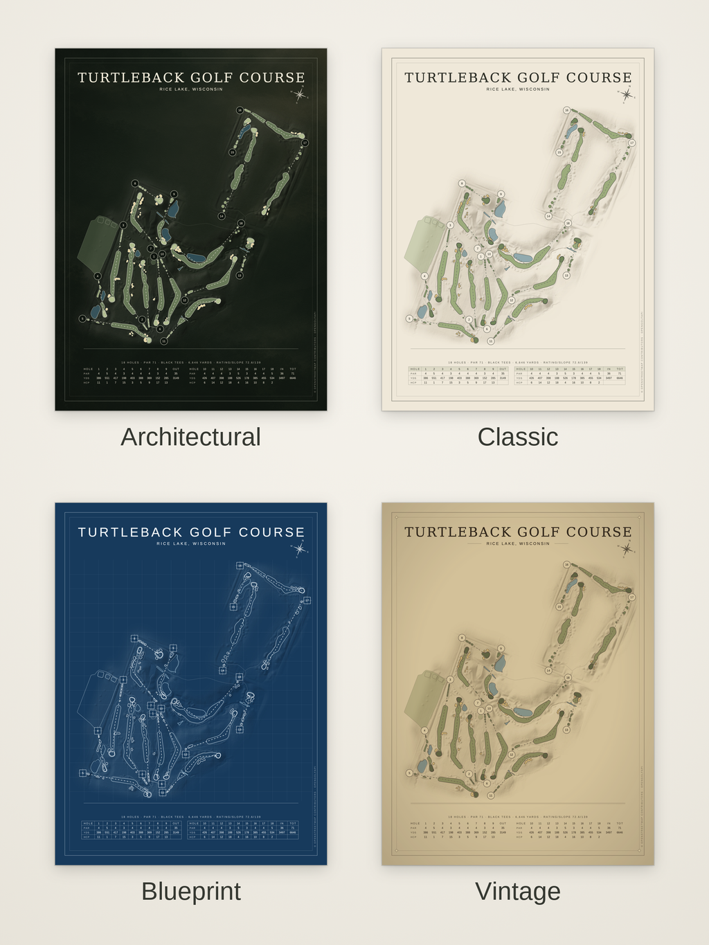 Turtleback Golf Course map poster in four styles: Architectural, Classic, Blueprint and Vintage