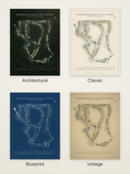 Turtleback Mountain Golf & Resort course map poster in four styles: Architectural, Classic, Blueprint and Vintage