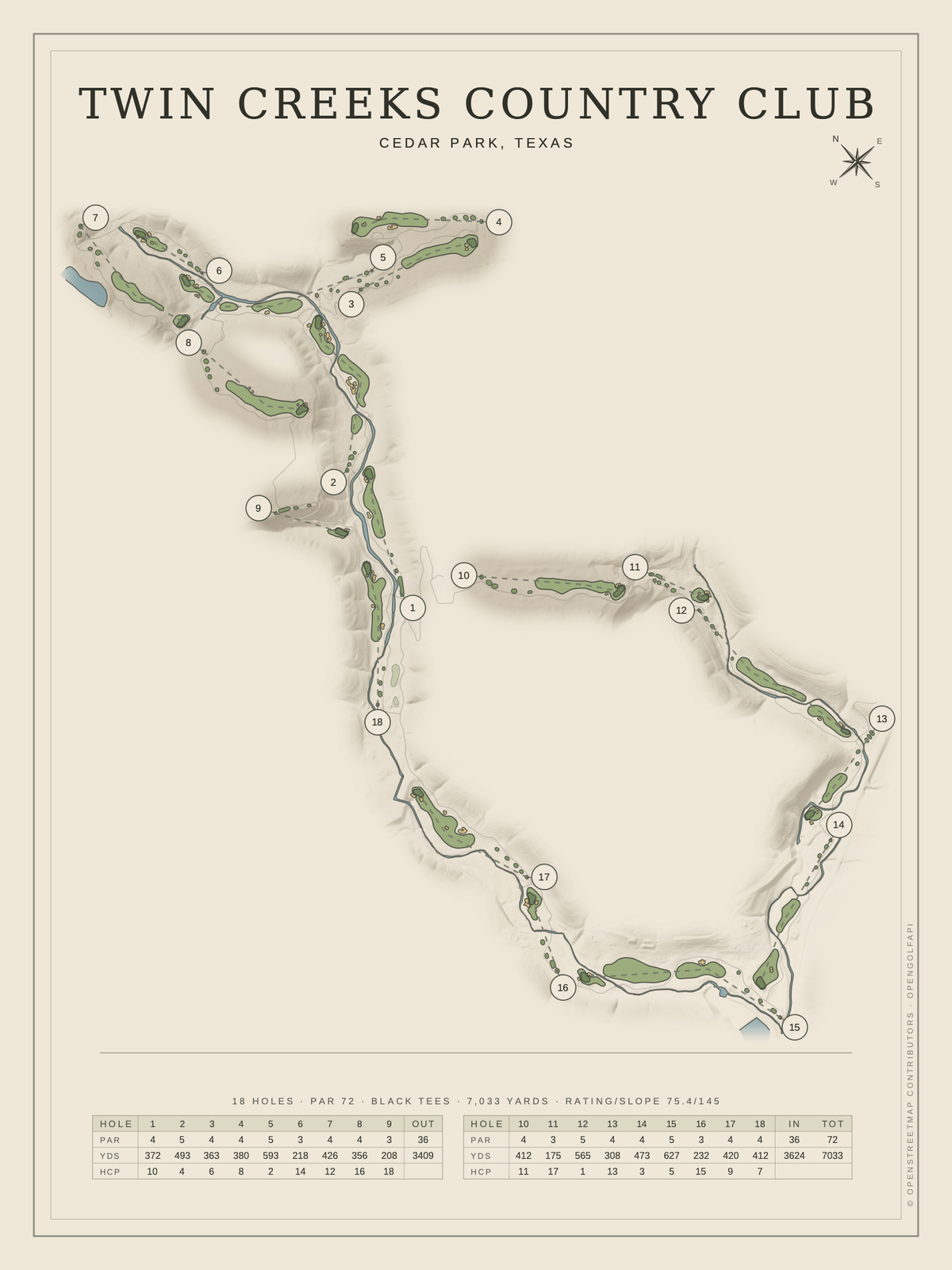 Twin Creeks Country Club course map poster, Classic style, 12×16 / 18×24
